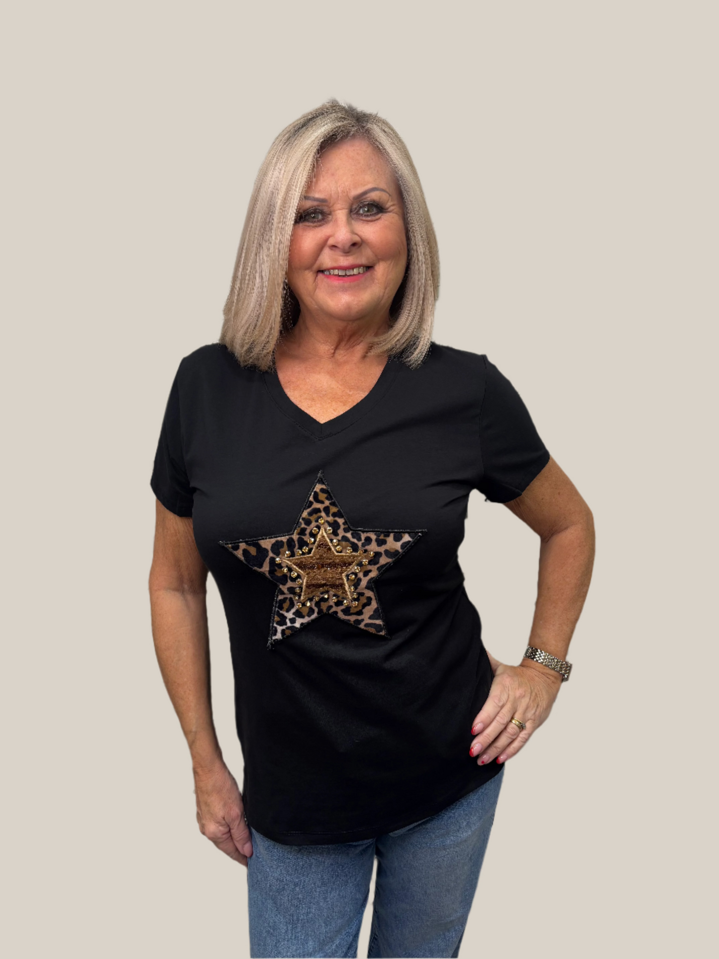 Crystal Embellished V-Neck Leopard Star T-Shirt